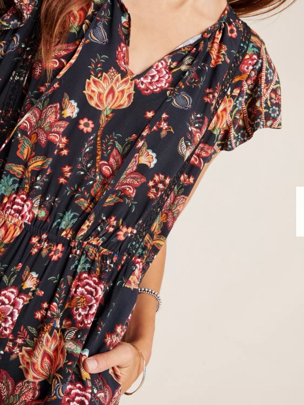 Farm Rio Lillian Wide-Leg Jumpsuit Black Floral Print Flutter Sleeve Lace Size S - Picture 3 of 16